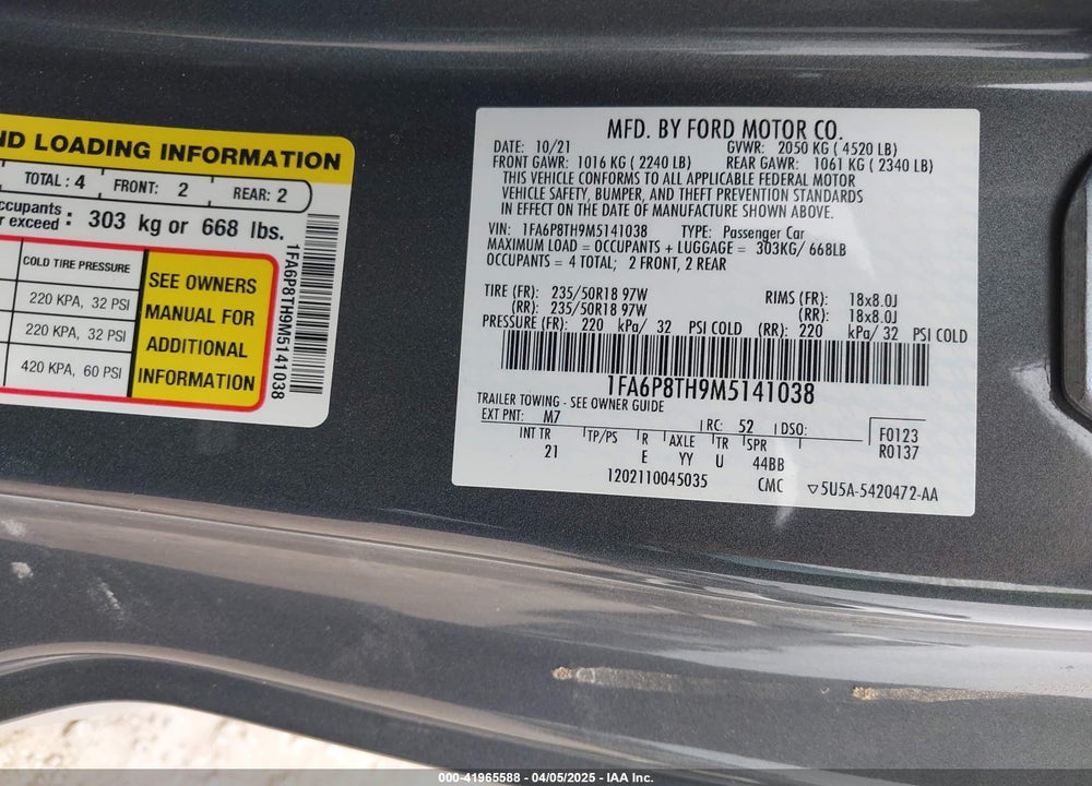 2021 FORD MUSTANG ECOBOOST FASTBACK VIN: 1FA6P8TH9M5141038