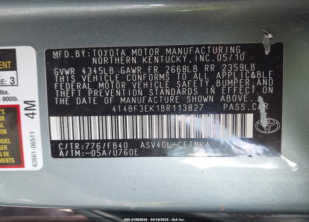 2011 TOYOTA CAMRY VIN: 4T4BF3EK1BR113827