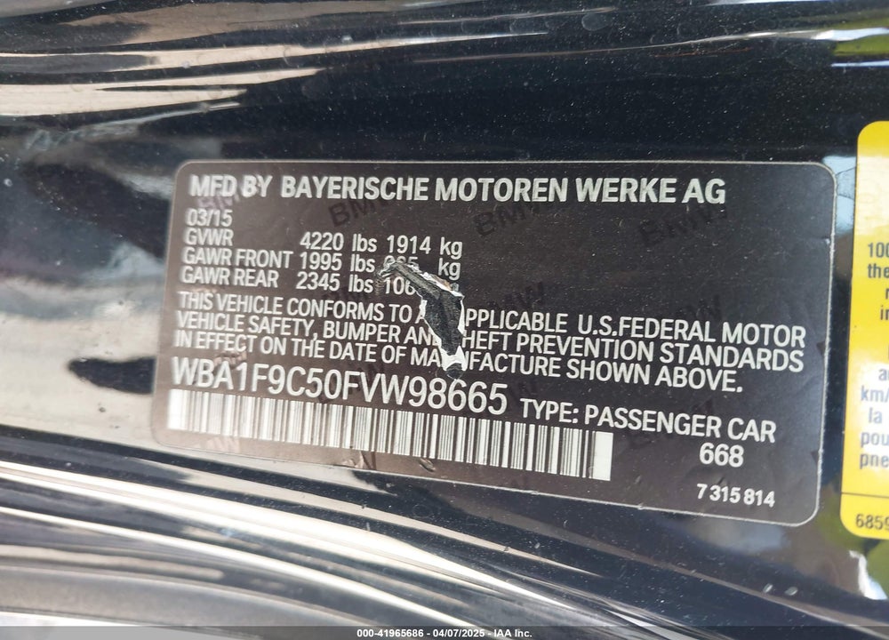 2015 BMW 2 SERIES VIN: WBA1F9C50FVW98665