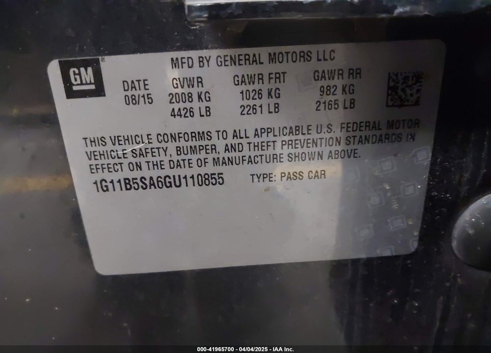 2016 CHEVROLET MALIBU LIMITED LS VIN: 1G11B5SA6GU110855