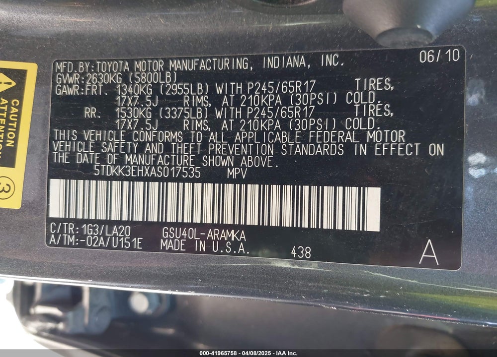 2010 TOYOTA HIGHLANDER SE V6 VIN: 5TDKK3EHXAS017535