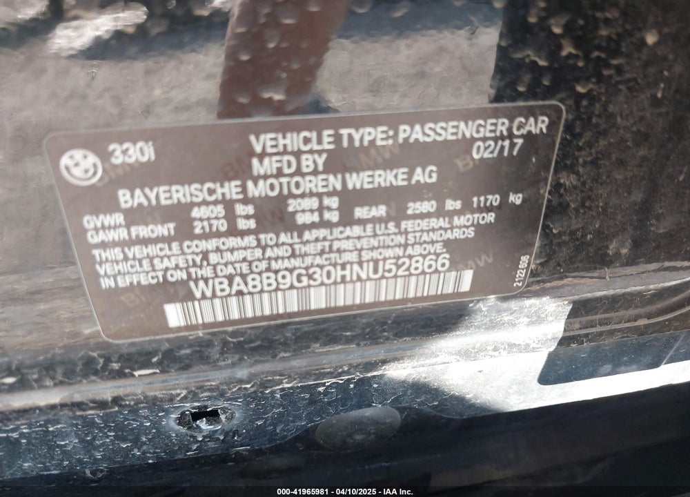 2017 BMW 330 VIN: WBA8B9G30HNU52866