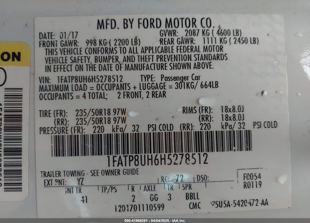 2017 FORD MUSTANG ECOBOOST PREMIUM VIN: 1FATP8UH6H5278512