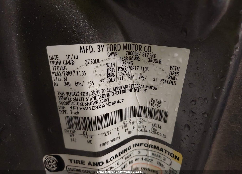 2010 FORD F-150 VIN: 1FTEW1E8XAFD88457
