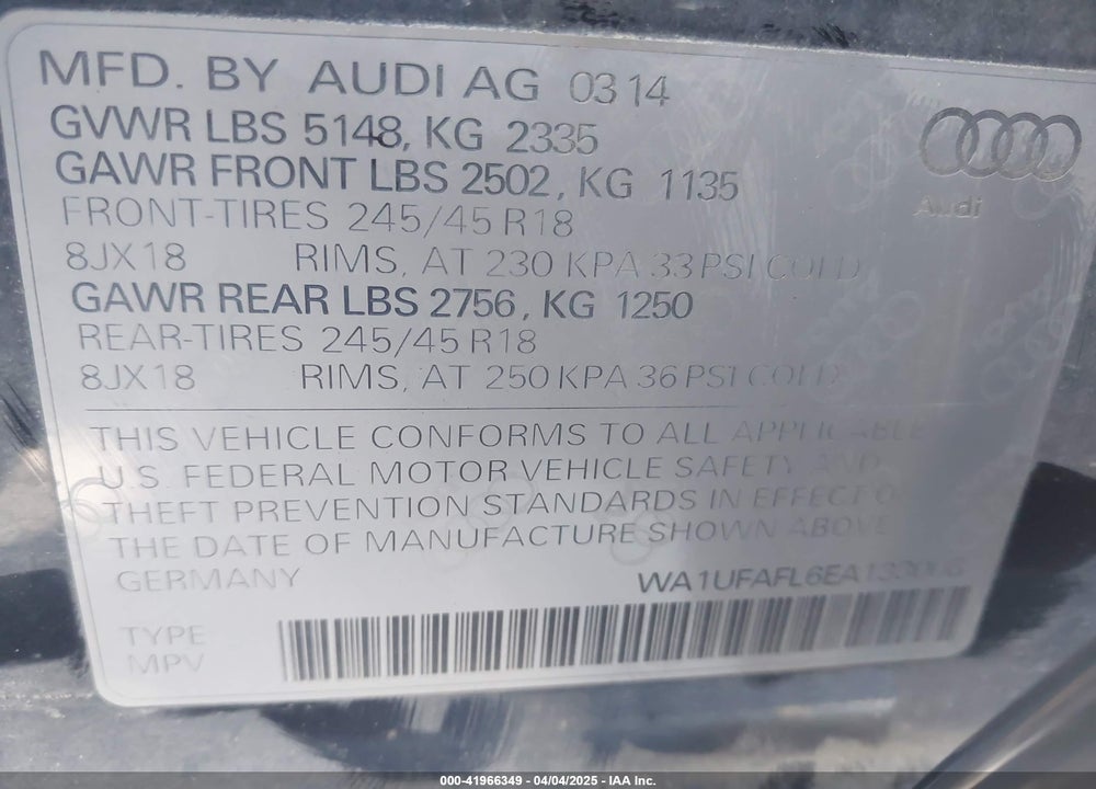 2014 AUDI ALLROAD VIN: WA1UFAFL6EA133008