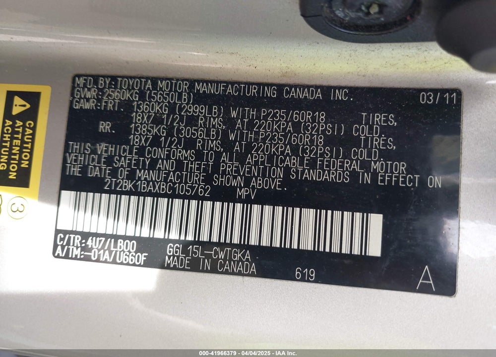2011 LEXUS RX 350 VIN: 2T2BK1BAXBC105762