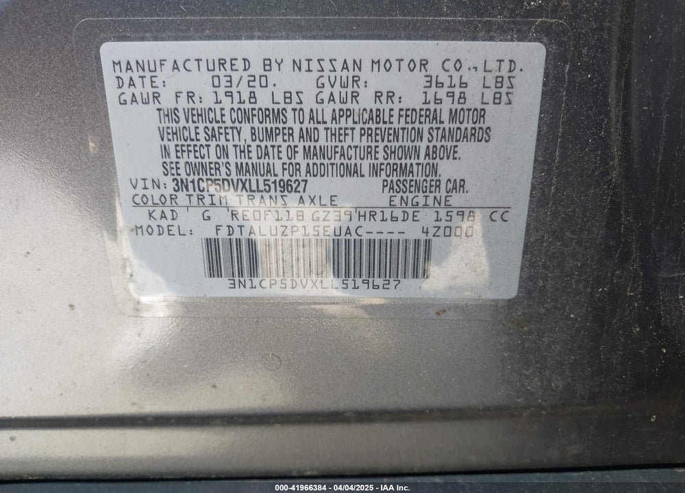 2020 NISSAN KICKS VIN: 3N1CP5DVXLL519627