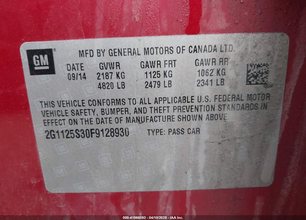 2015 CHEVROLET IMPALA VIN: 2G1125S30F9128930
