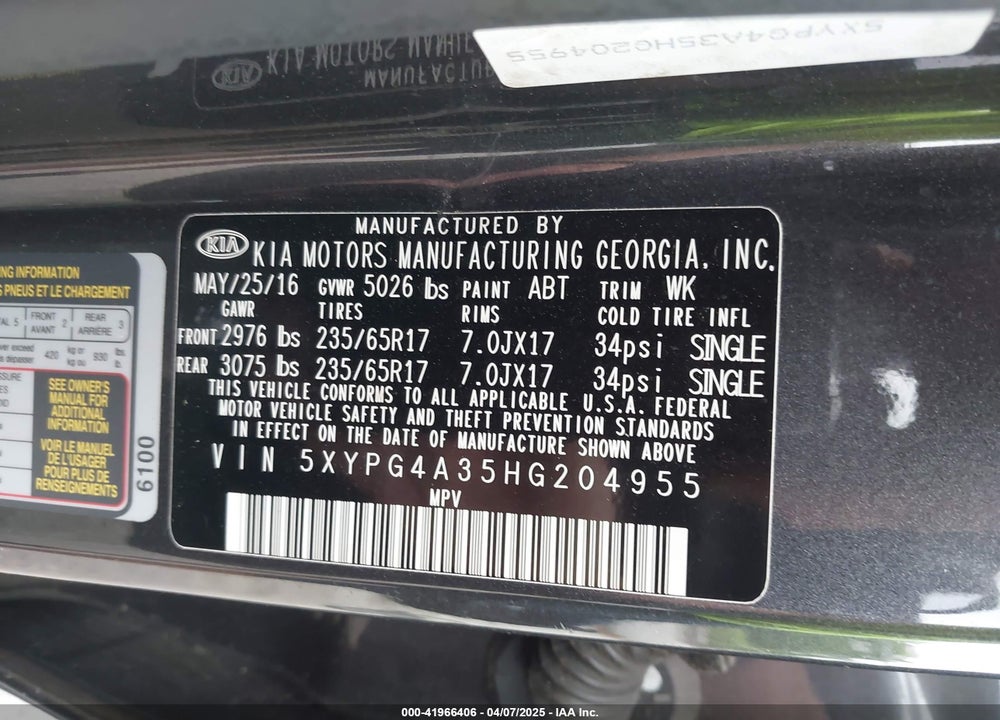 2017 KIA SORENTO VIN: 5XYPG4A35HG204955