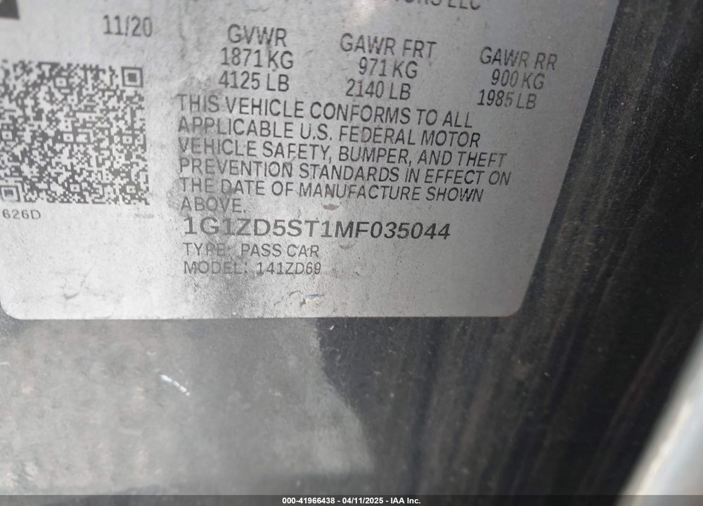 2021 CHEVROLET MALIBU FWD LT VIN: 1G1ZD5ST1MF035044
