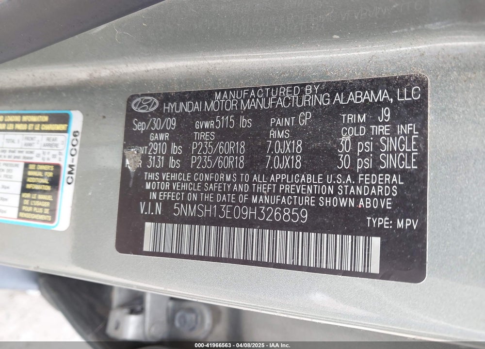 2009 HYUNDAI SANTA FE VIN: 5NMSH13E09H326859