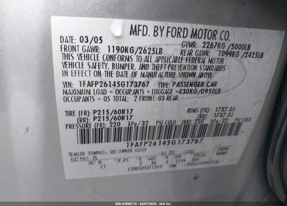 2005 FORD FIVE HUNDRED SE VIN: 1FAFP26145G173767