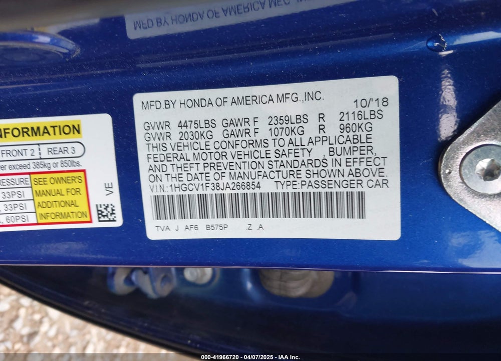 2018 HONDA ACCORD VIN: 1HGCV1F38JA266854
