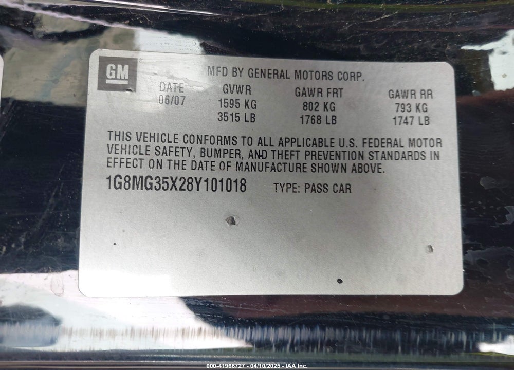 2008 SATURN SKY VIN: 1G8MG35X28Y101018