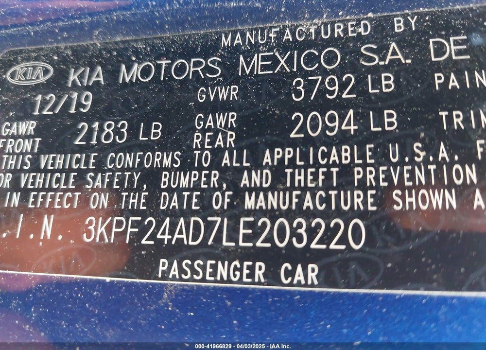 2020 KIA FORTE VIN: 3KPF24AD7LE203220