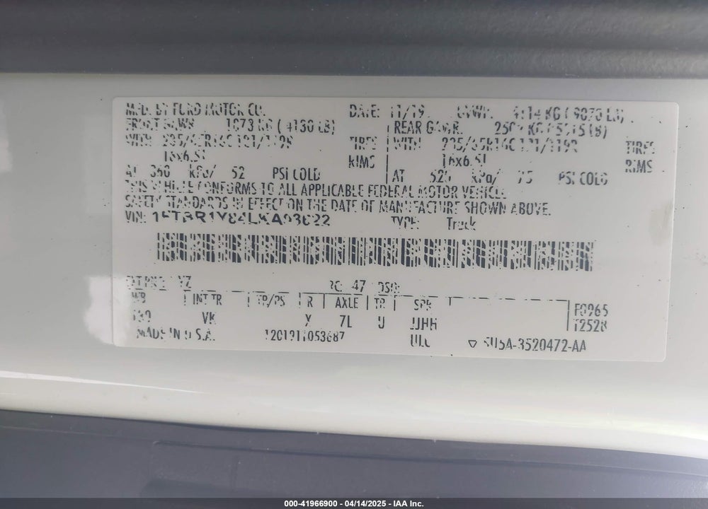 2020 FORD TRANSIT-250 VIN: 1FTBR1Y84LKA03622