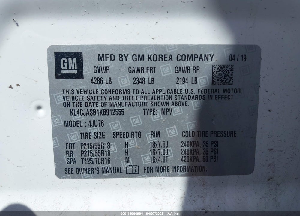 2019 BUICK ENCORE FWD PREFERRED VIN: KL4CJASB1KB912555