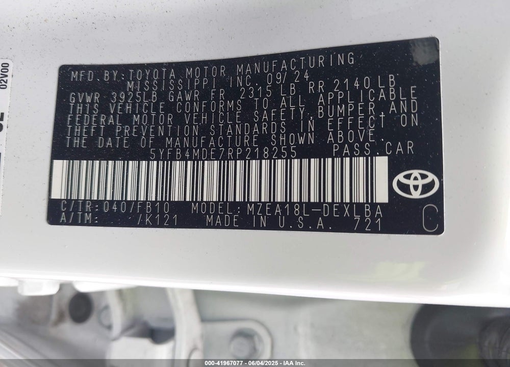 2024 TOYOTA COROLLA VIN: 5YFB4MDE7RP218255