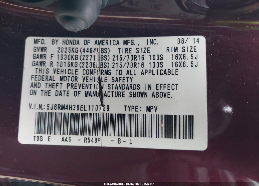 2014 HONDA CR-V LX VIN: 5J6RM4H39EL110739