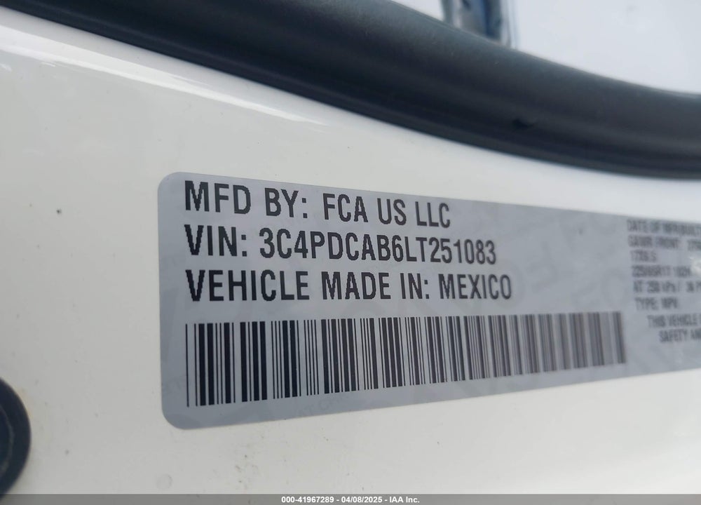 2020 DODGE JOURNEY VIN: 3C4PDCAB6LT251083
