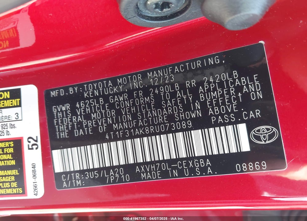 2024 TOYOTA CAMRY HYBRID XLE VIN: 4T1F31AK8RU073089