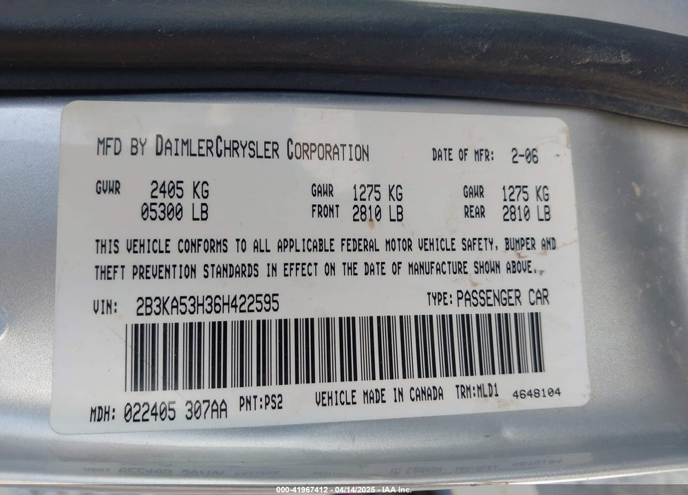 2006 DODGE CHARGER VIN: 2B3KA53H36H422595