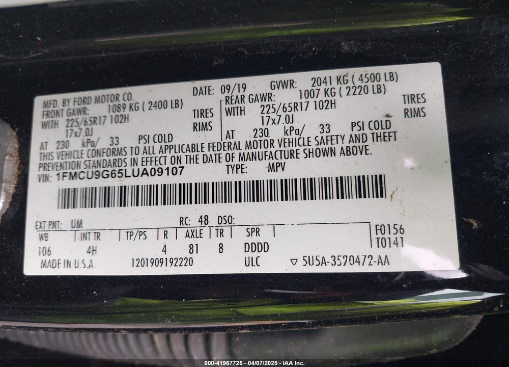 2020 FORD ESCAPE VIN: 1FMCU9G65LUA09107