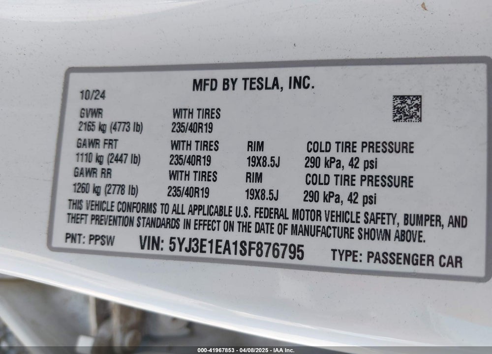 2025 TESLA MODEL 3 VIN: 5YJ3E1EA1SF876795