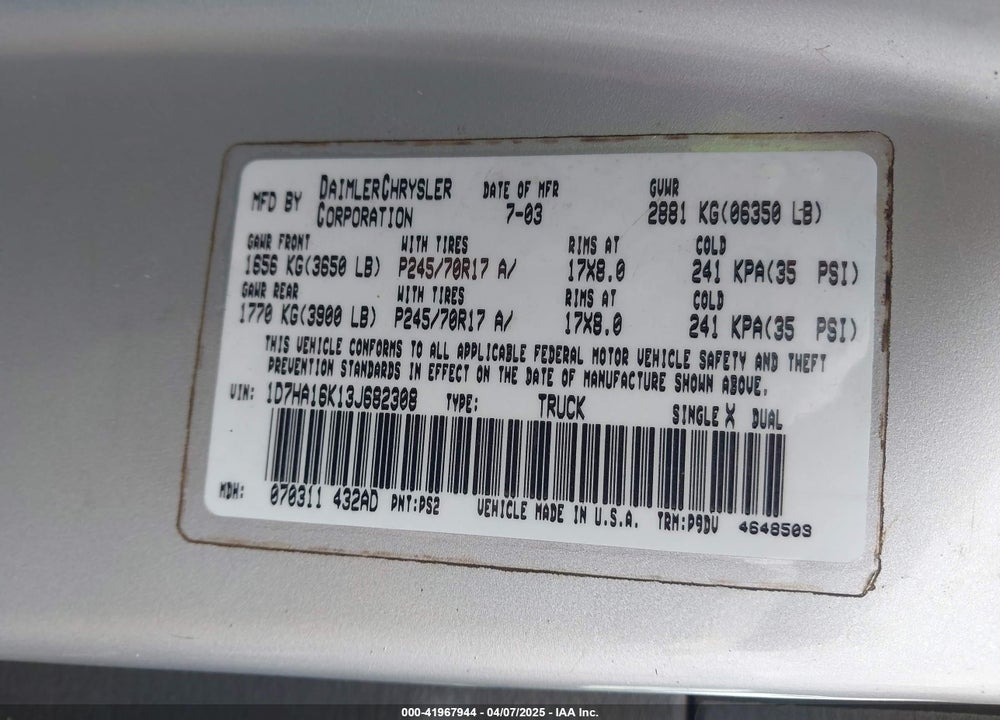 2003 DODGE RAM 1500 ST VIN: 1D7HA16K13J682308