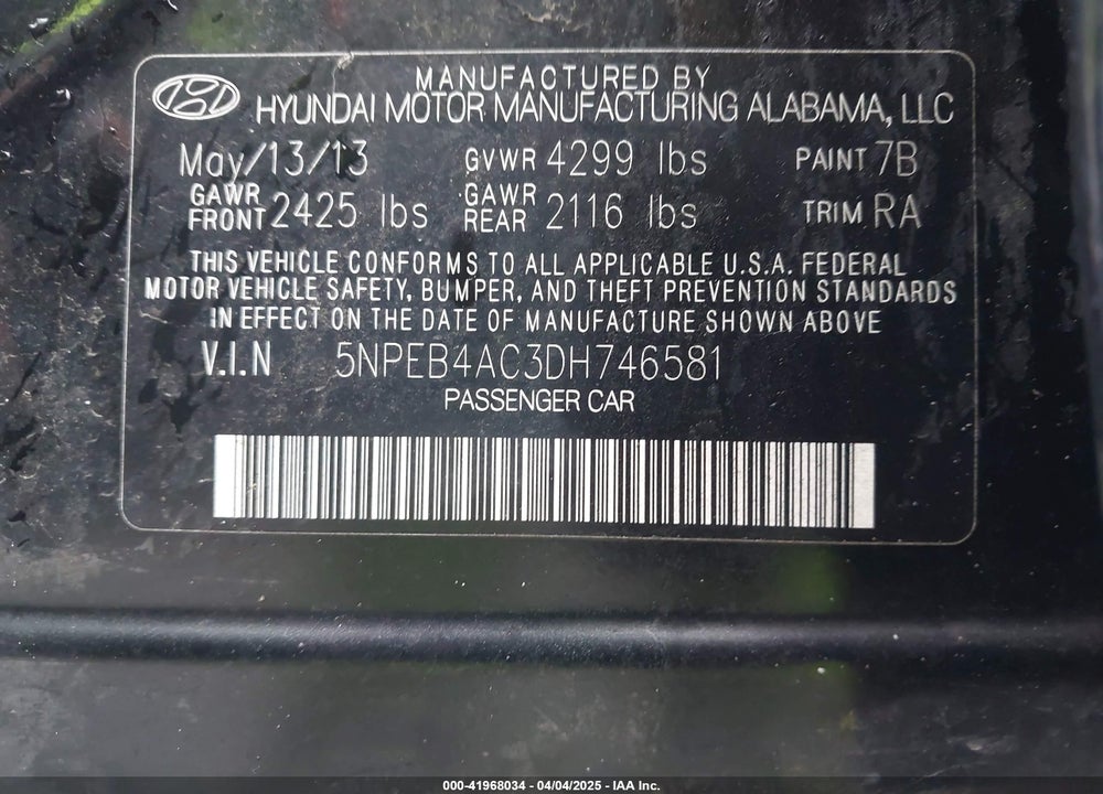 2013 HYUNDAI SONATA VIN: 5NPEB4AC3DH746581