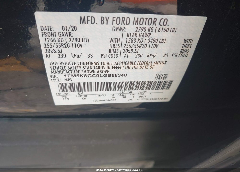 2020 FORD EXPLORER VIN: 1FM5K8GC9LGB68340