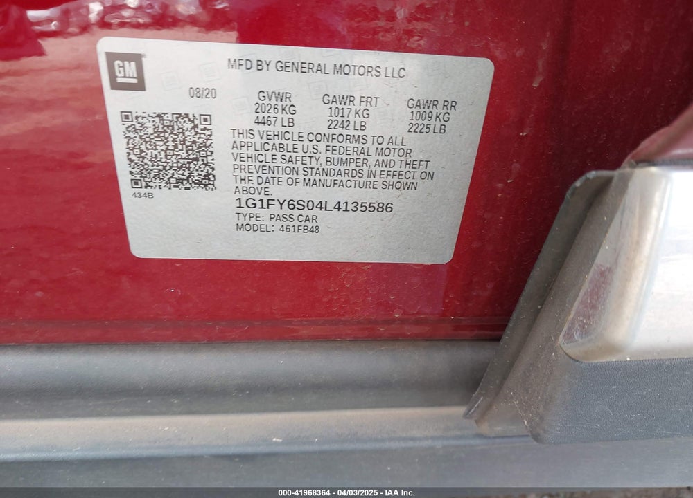 2020 CHEVROLET BOLT EV FWD LT VIN: 1G1FY6S04L4135586