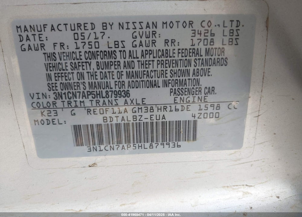 2017 NISSAN VERSA VIN: 3N1CN7AP5HL879936