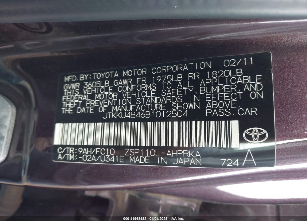 2011 SCION XD VIN: JTKKU4B46B1012504