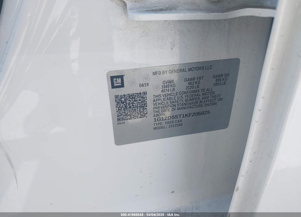 2019 CHEVROLET MALIBU VIN: 1G1ZD5ST1KF206825
