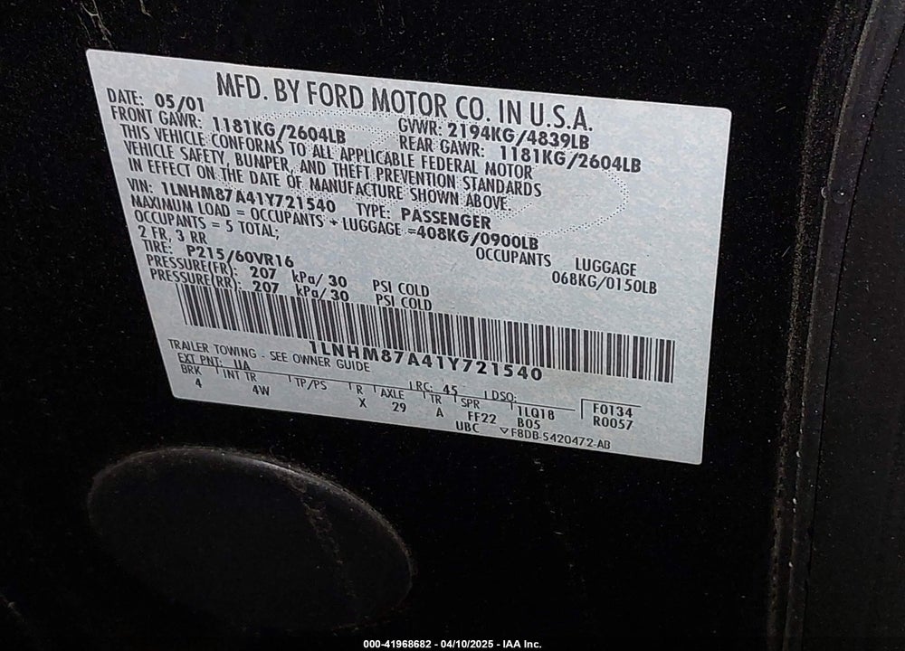 2001 LINCOLN LS V8 AUTO VIN: 1LNHM87A41Y721540