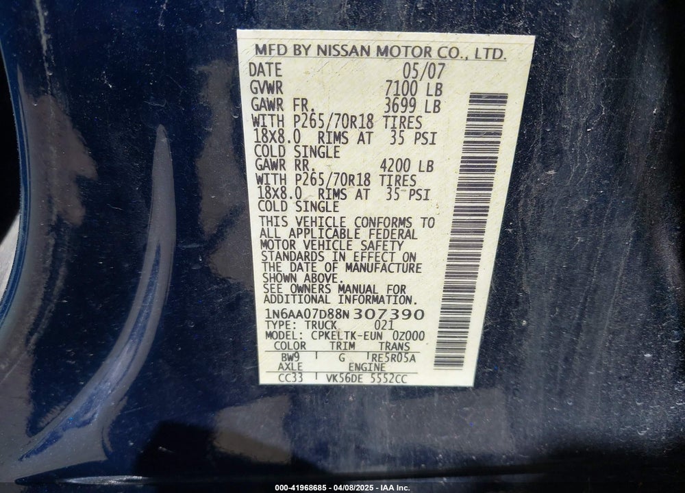 2008 NISSAN TITAN VIN: 1N6AA07D88N307390