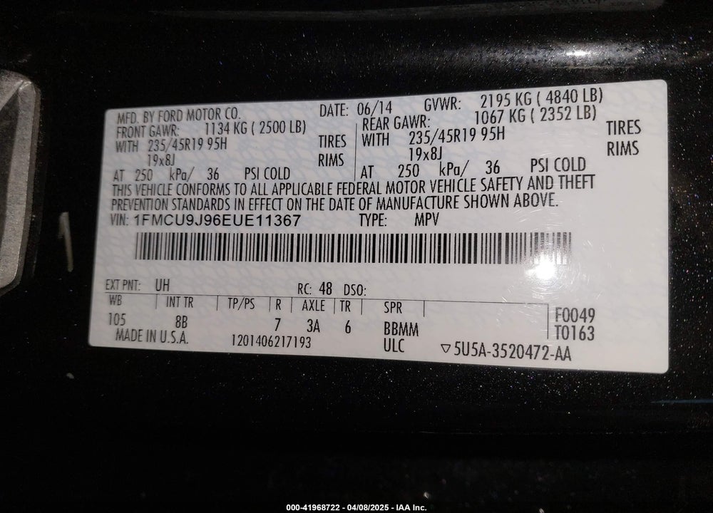 2014 FORD ESCAPE VIN: 1FMCU9J96EUE11367