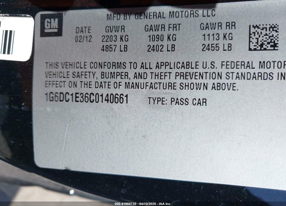 2012 CADILLAC CTS VIN: 1G6DC1E36C0140661