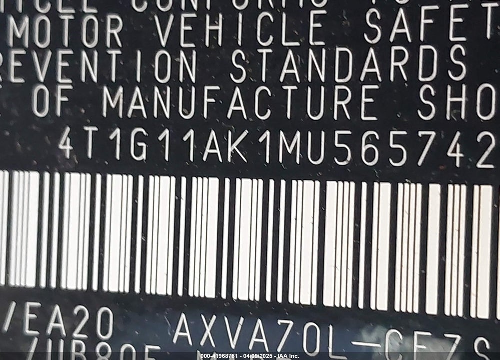 2021 TOYOTA CAMRY SE VIN: 4T1G11AK1MU565742