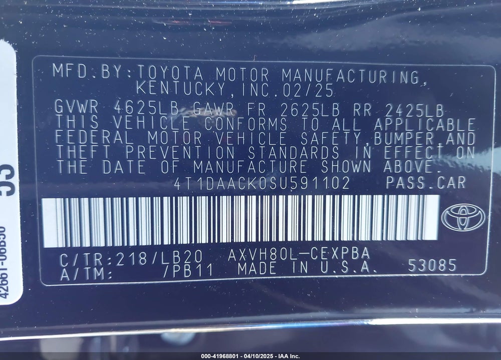 2025 TOYOTA CAMRY XSE VIN: 4T1DAACK0SU591102
