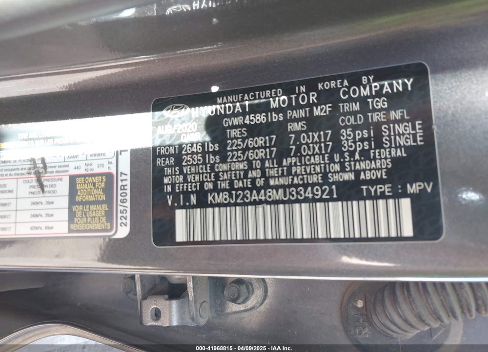 2021 HYUNDAI TUCSON SE VIN: KM8J23A48MU334921