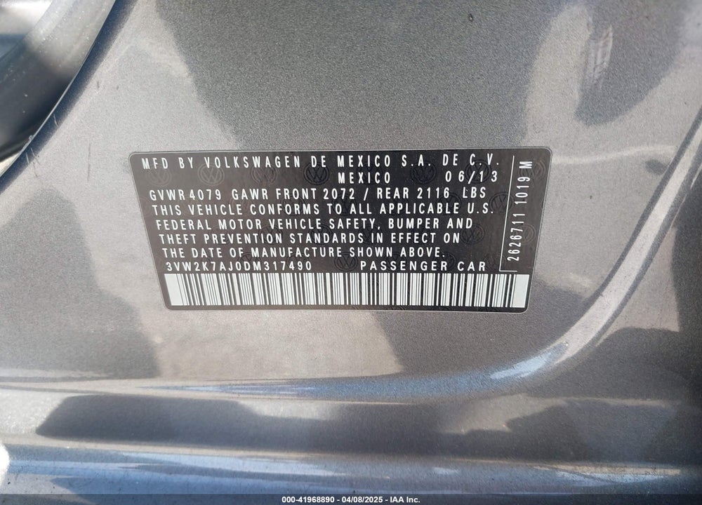 2013 VOLKSWAGEN JETTA 2.0L S VIN: 3VW2K7AJ0DM317490