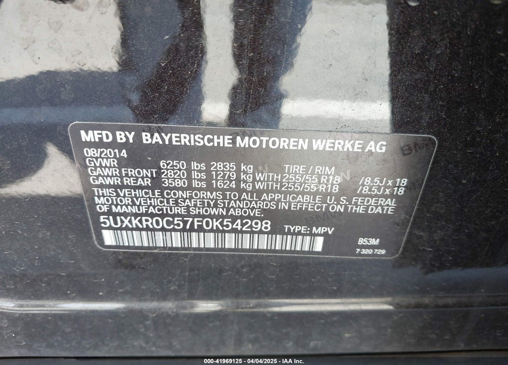 2015 BMW X5 XDRIVE35I VIN: 5UXKR0C57F0K54298