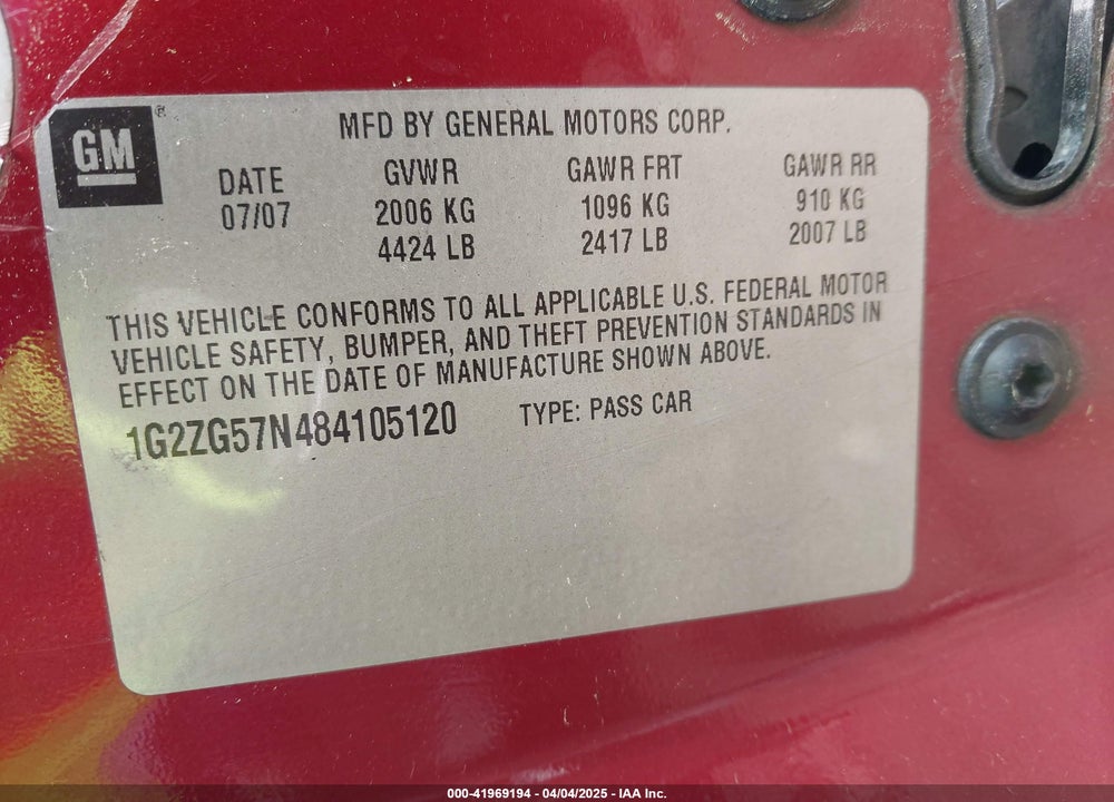 2008 PONTIAC G6 VIN: 1G2ZG57N484105120