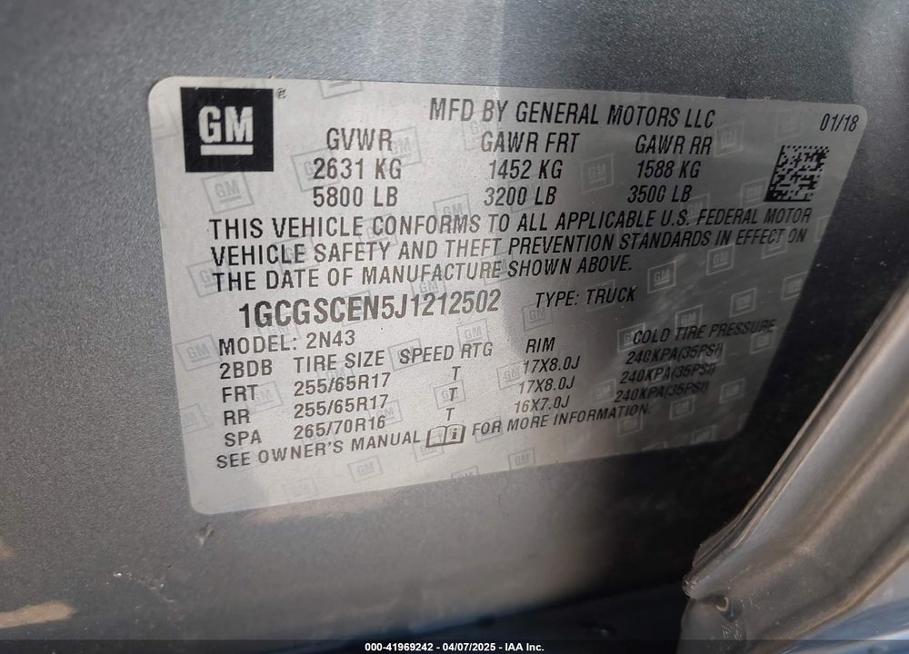 2018 CHEVROLET COLORADO VIN: 1GCGSCEN5J1212502