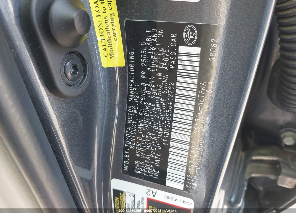2011 TOYOTA AVALON VIN: 4T1BK3DB5BU412762