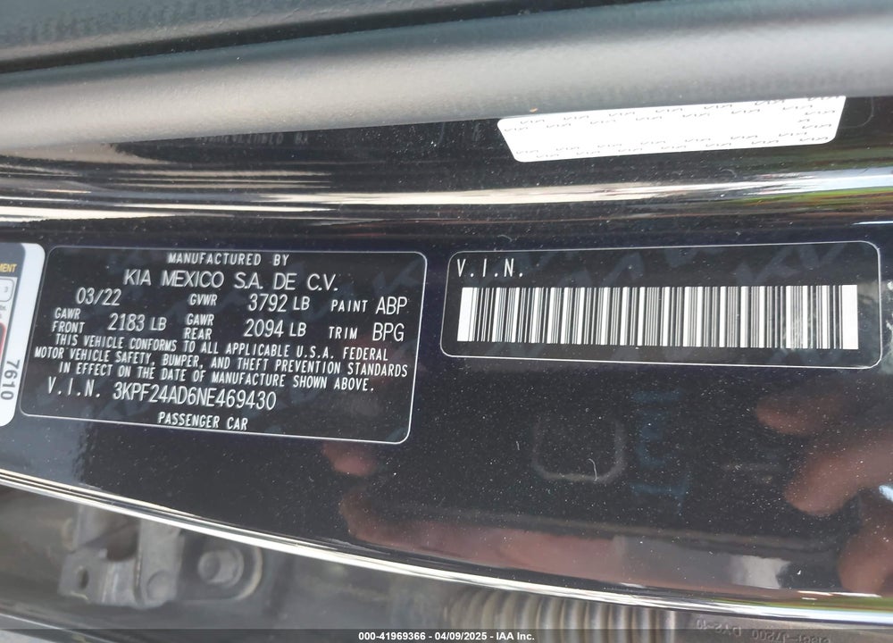 2022 KIA FORTE VIN: 3KPF24AD6NE469430