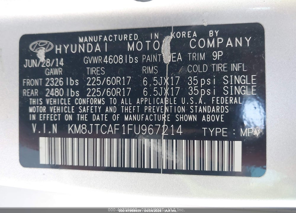 2015 HYUNDAI TUCSON VIN: KM8JTCAF1FU967214