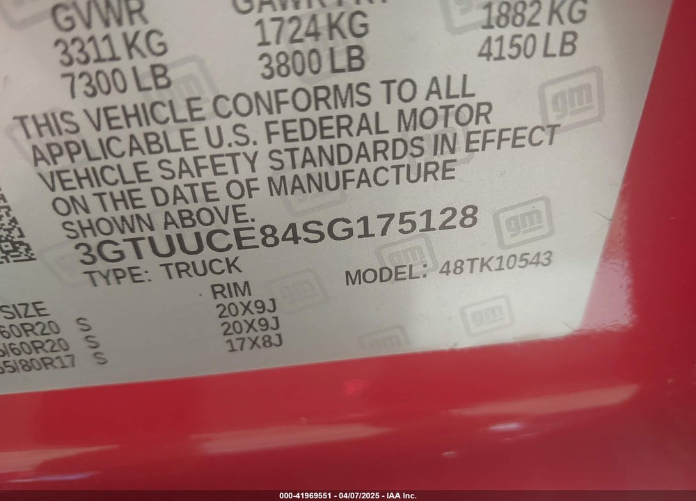 2025 GMC SIERRA 1500 VIN: 3GTUUCE84SG175128